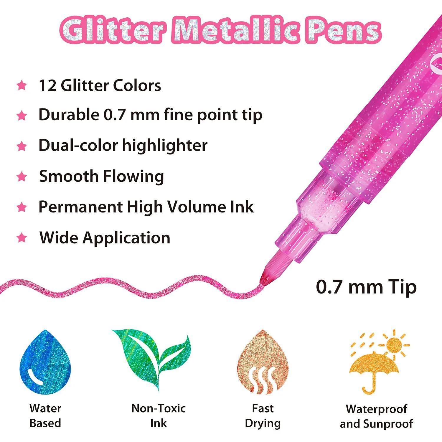 Ohuhu Water-Based Glitter Metallic Marker Pens, 12 Shimmer Colors - Image 4