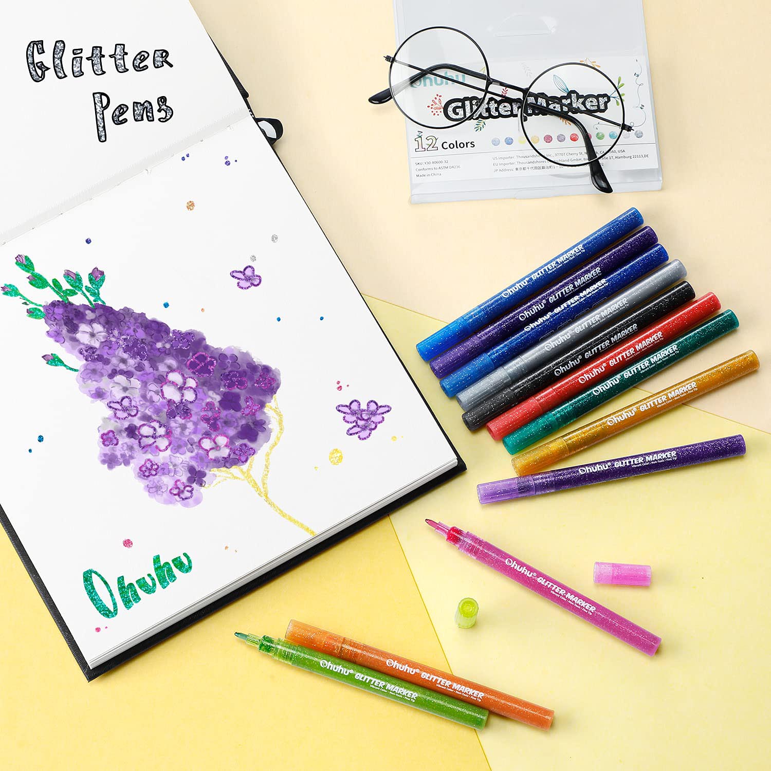 Ohuhu Water-Based Glitter Metallic Marker Pens, 12 Shimmer Colors - Image 6