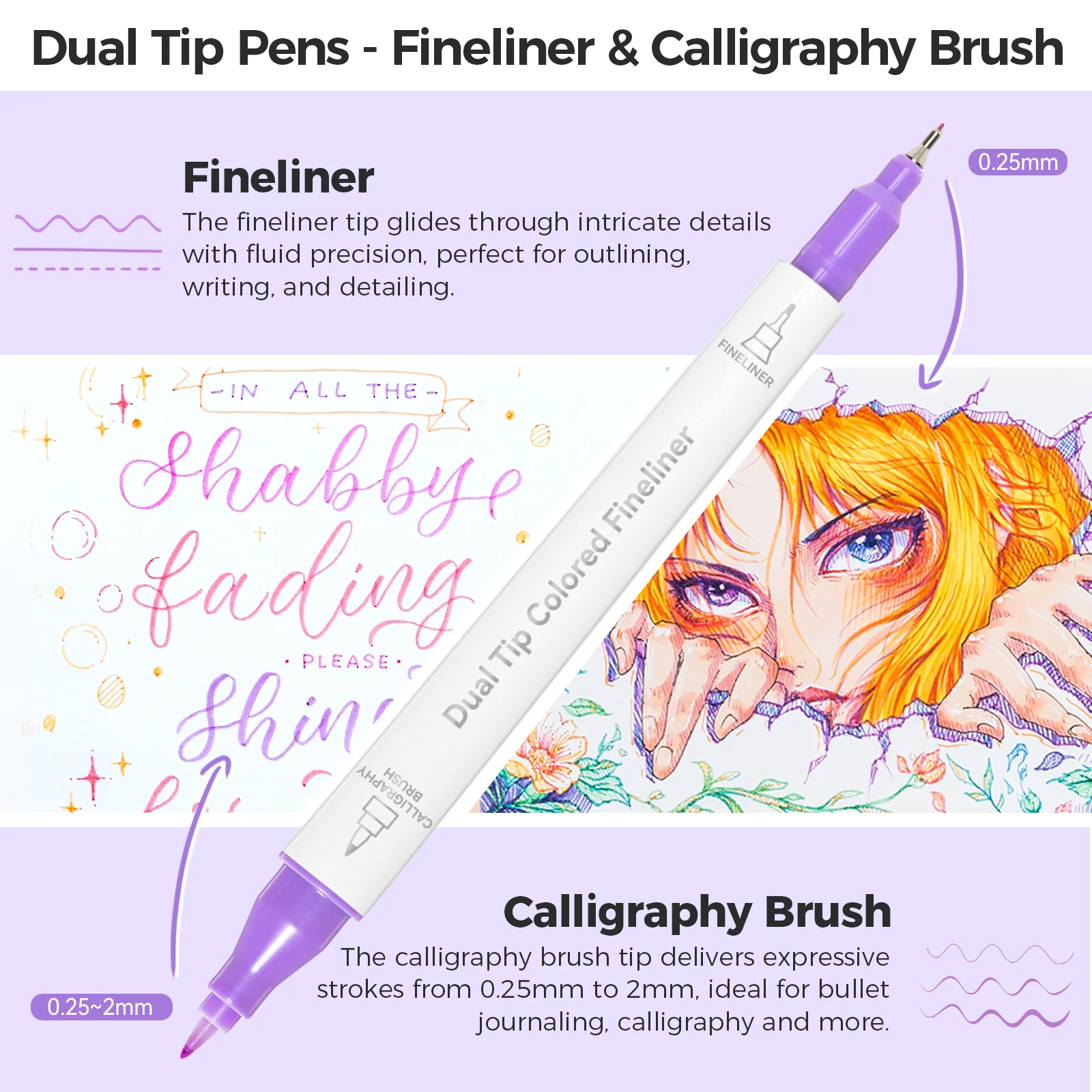 Ohuhu Colored Fineliner & Brush Pens, 12 Colors - Image 3