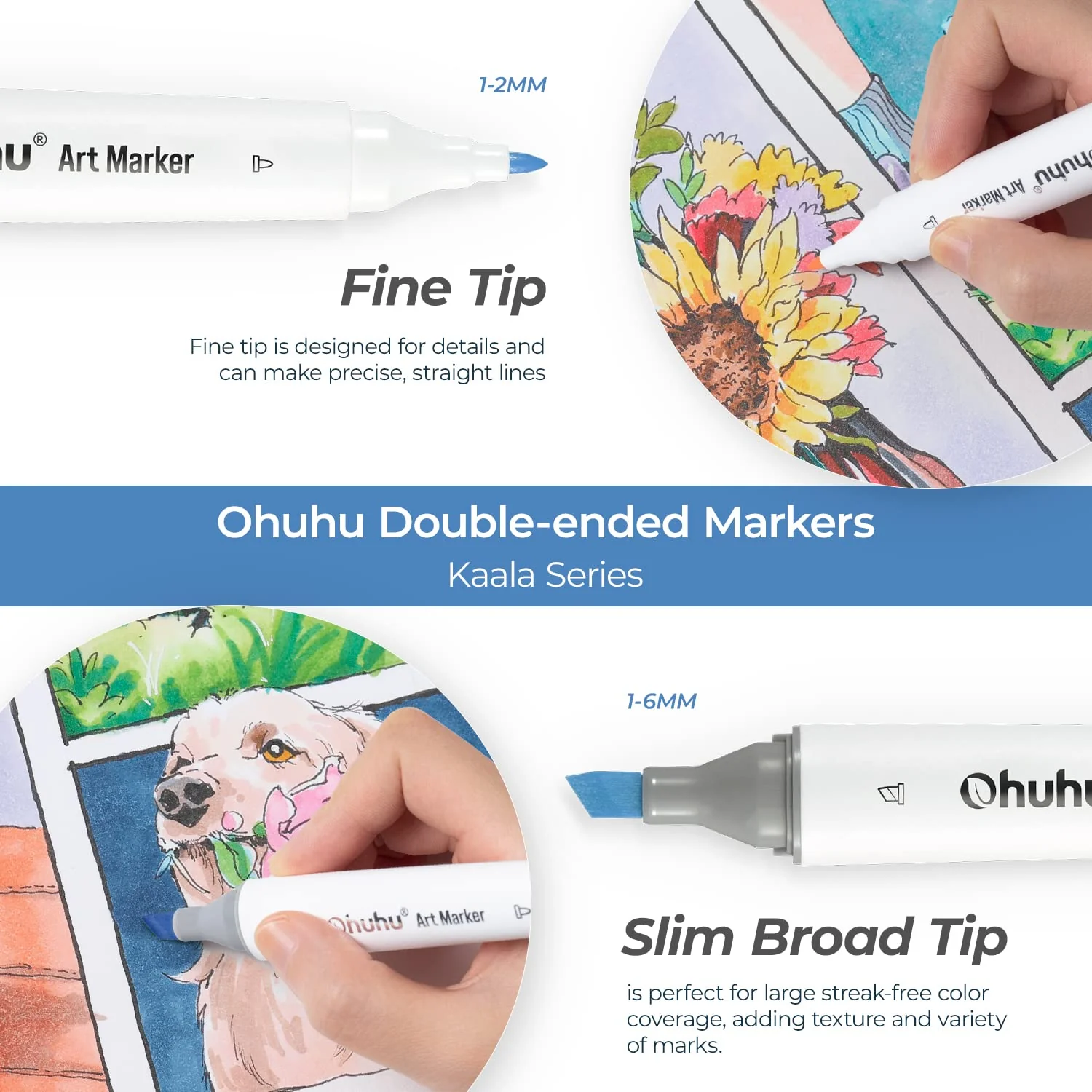 Ohuhu Kaala Slim Broad and Fine Dual Tips Alcohol Art Markers - 24 Basic Colors - Image 4