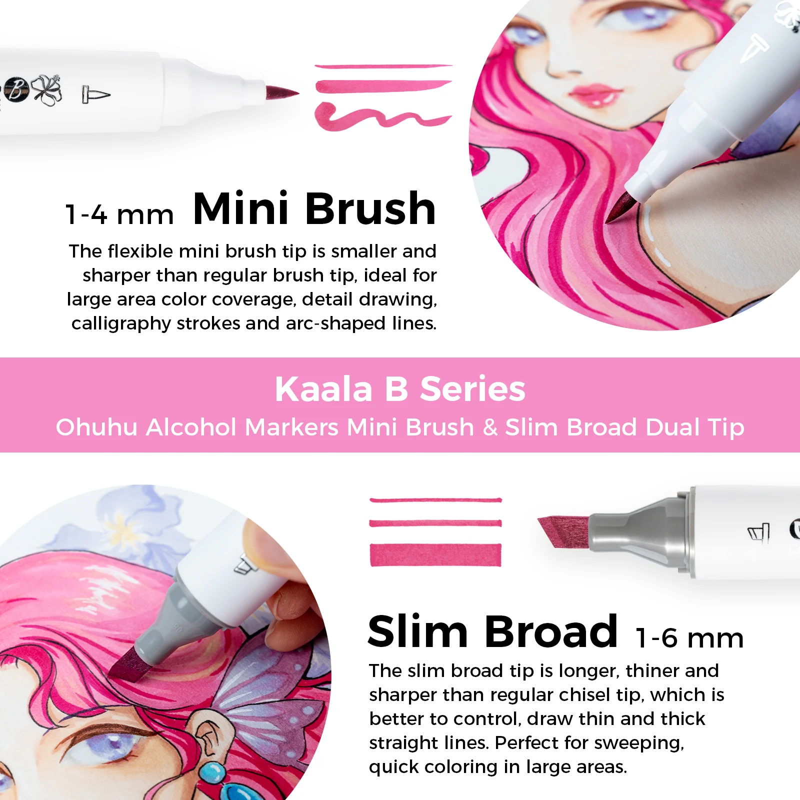 Ohuhu Kaala B Dual Tips Alcohol Art Markers, Slim Broad & Mini Brush - Image 4
