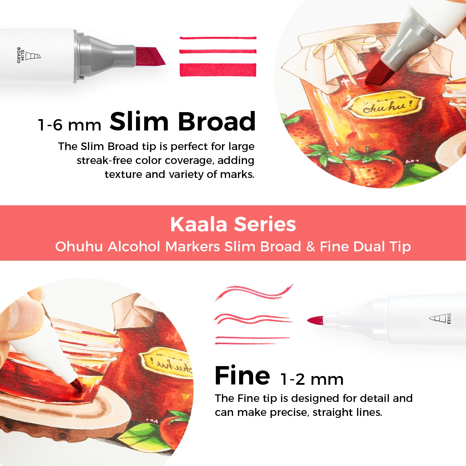 Ohuhu Kaala Slim Broad and Fine Dual Tips Alcohol Art Markers - 24 Basic Colors - Image 21