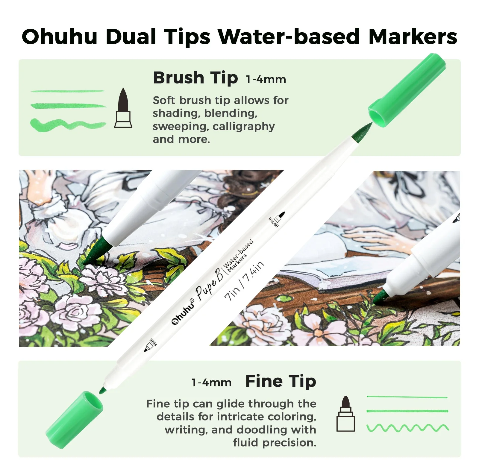 Ohuhu Pupe B 40 Paper-friendly (No Peeling)  Markers＆ Coloring Book Set - Image 3