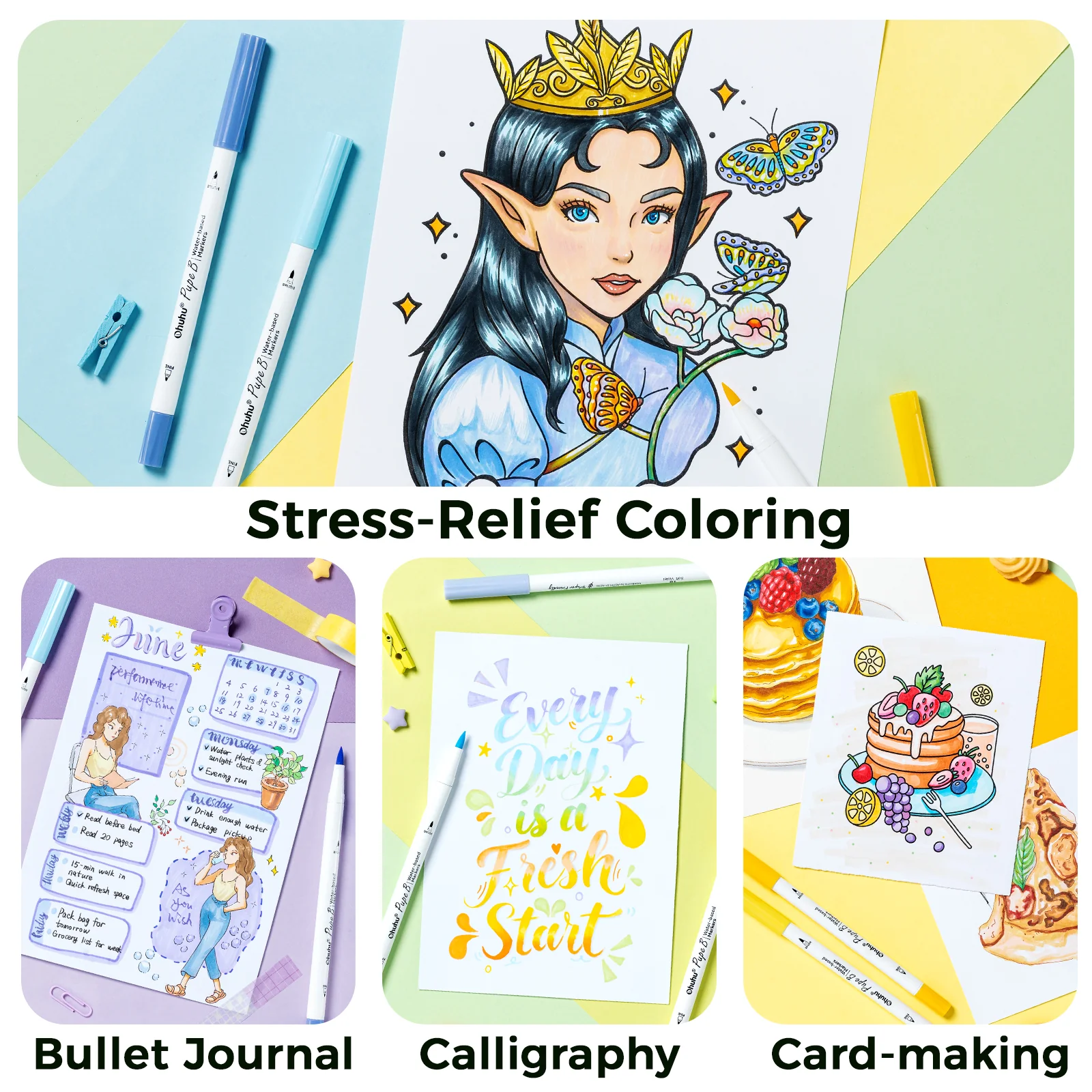 Ohuhu Pupe B 40 Paper-friendly (No Peeling)  Markers＆ Coloring Book Set - Image 8