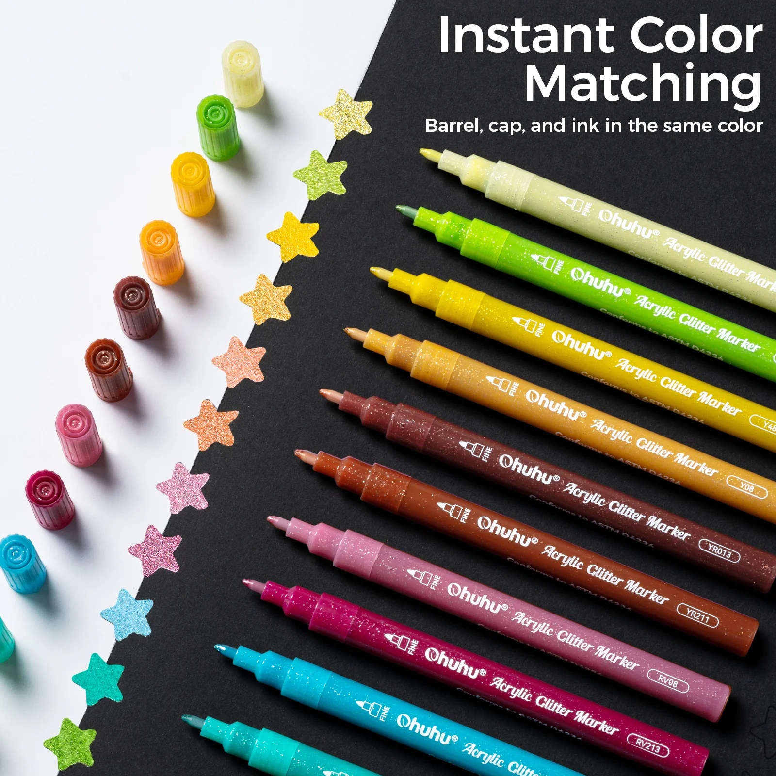 Ohuhu Acrylic Metallic Glitter Markers, 24 Colors - 0.7mm & 3mm Tip Paint Pens - Image 10