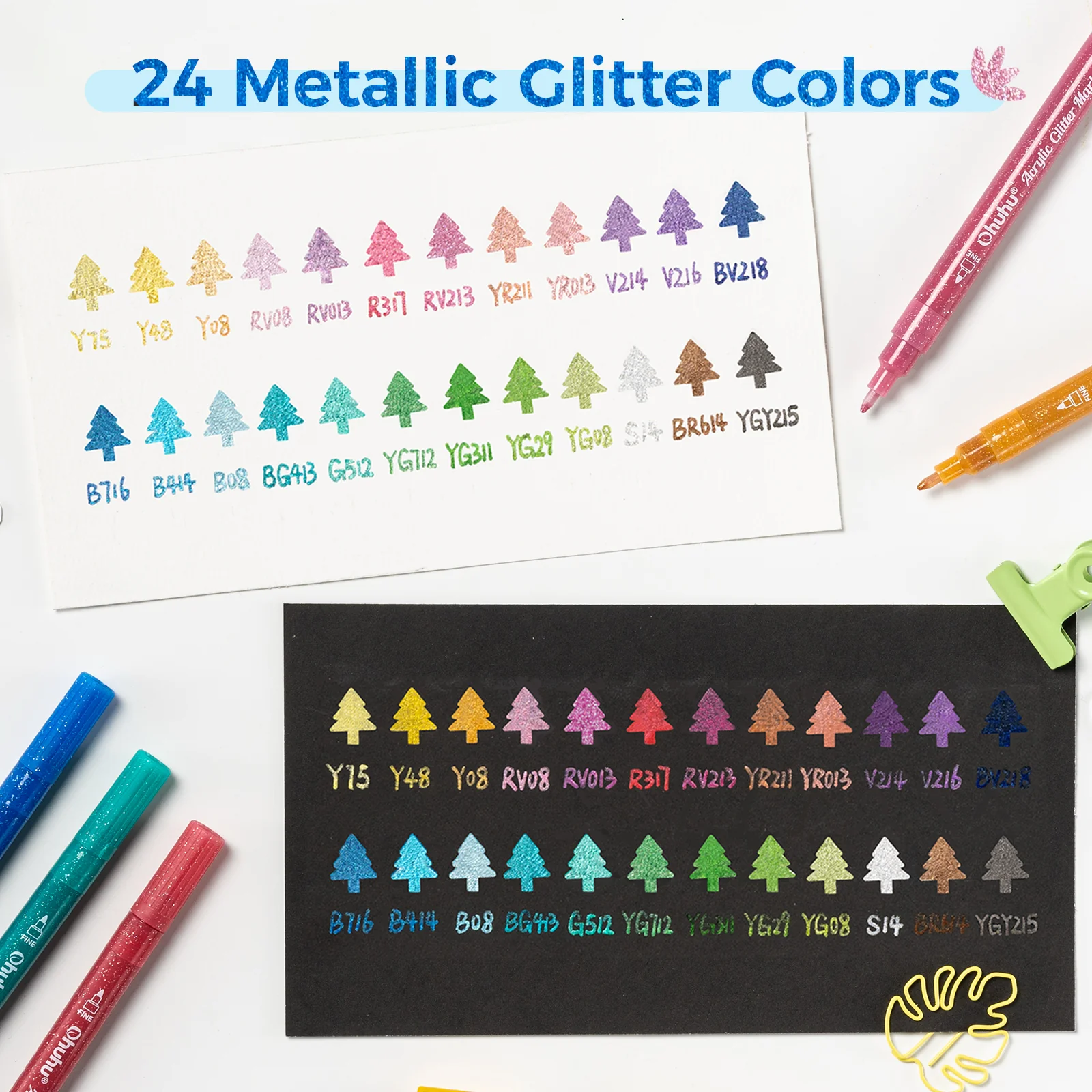 Ohuhu Acrylic Metallic Glitter Markers, 24 Colors - 0.7mm & 3mm Tip Paint Pens - Image 11