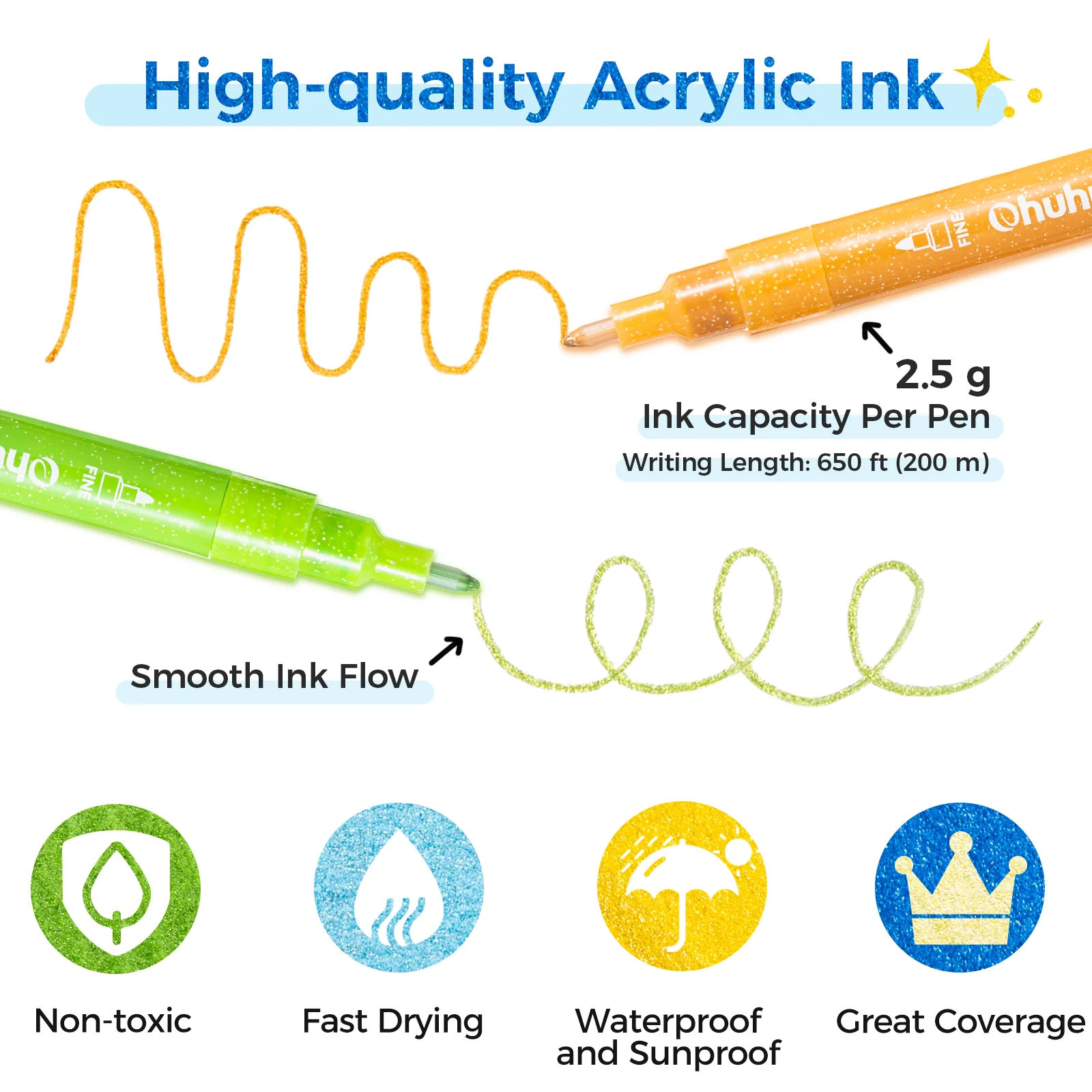 Ohuhu Acrylic Metallic Glitter Markers, 24 Colors - 0.7mm & 3mm Tip Paint Pens - Image 12