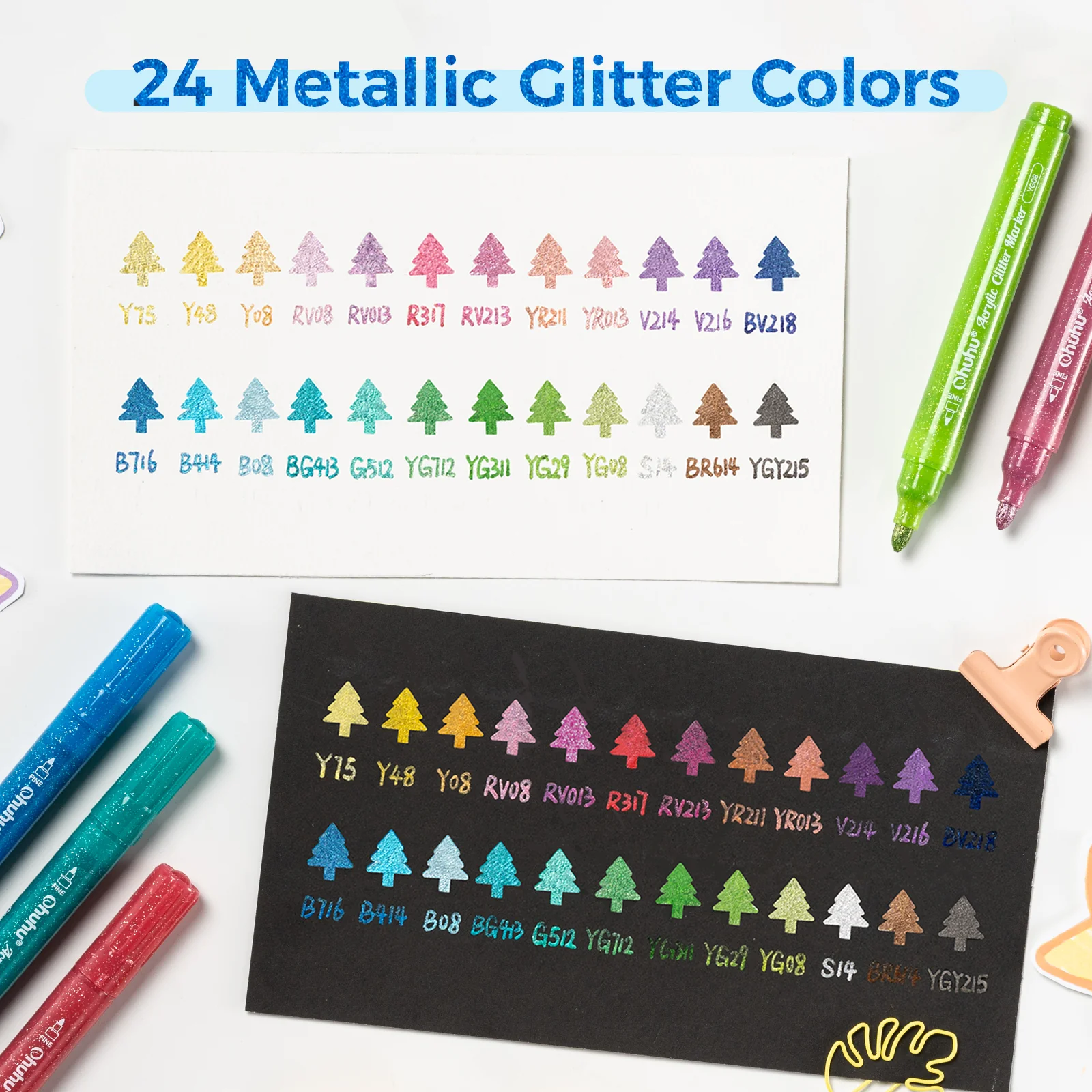 Ohuhu Acrylic Metallic Glitter Markers, 24 Colors - 0.7mm & 3mm Tip Paint Pens - Image 5