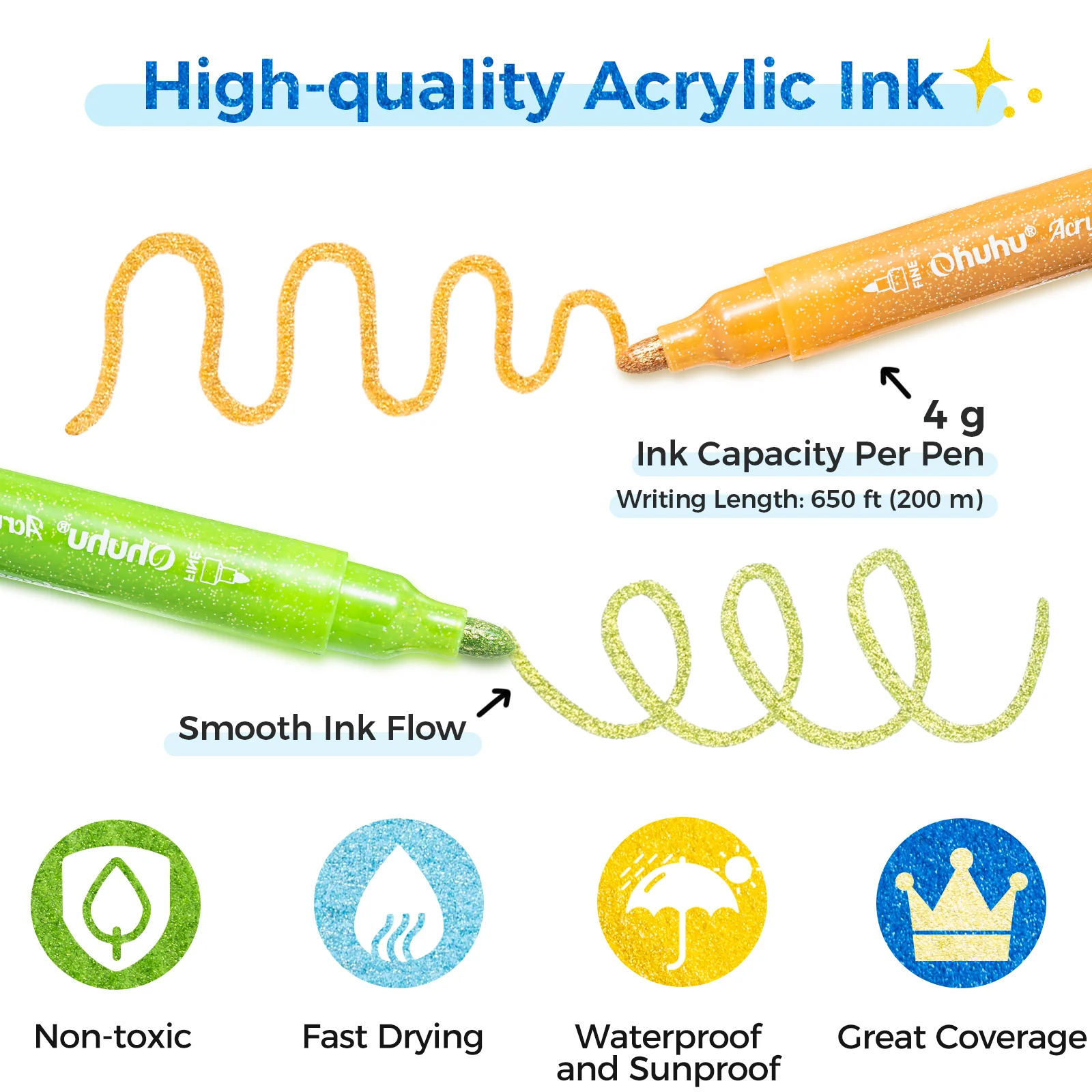 Ohuhu Acrylic Metallic Glitter Markers, 24 Colors - 0.7mm & 3mm Tip Paint Pens - Image 6