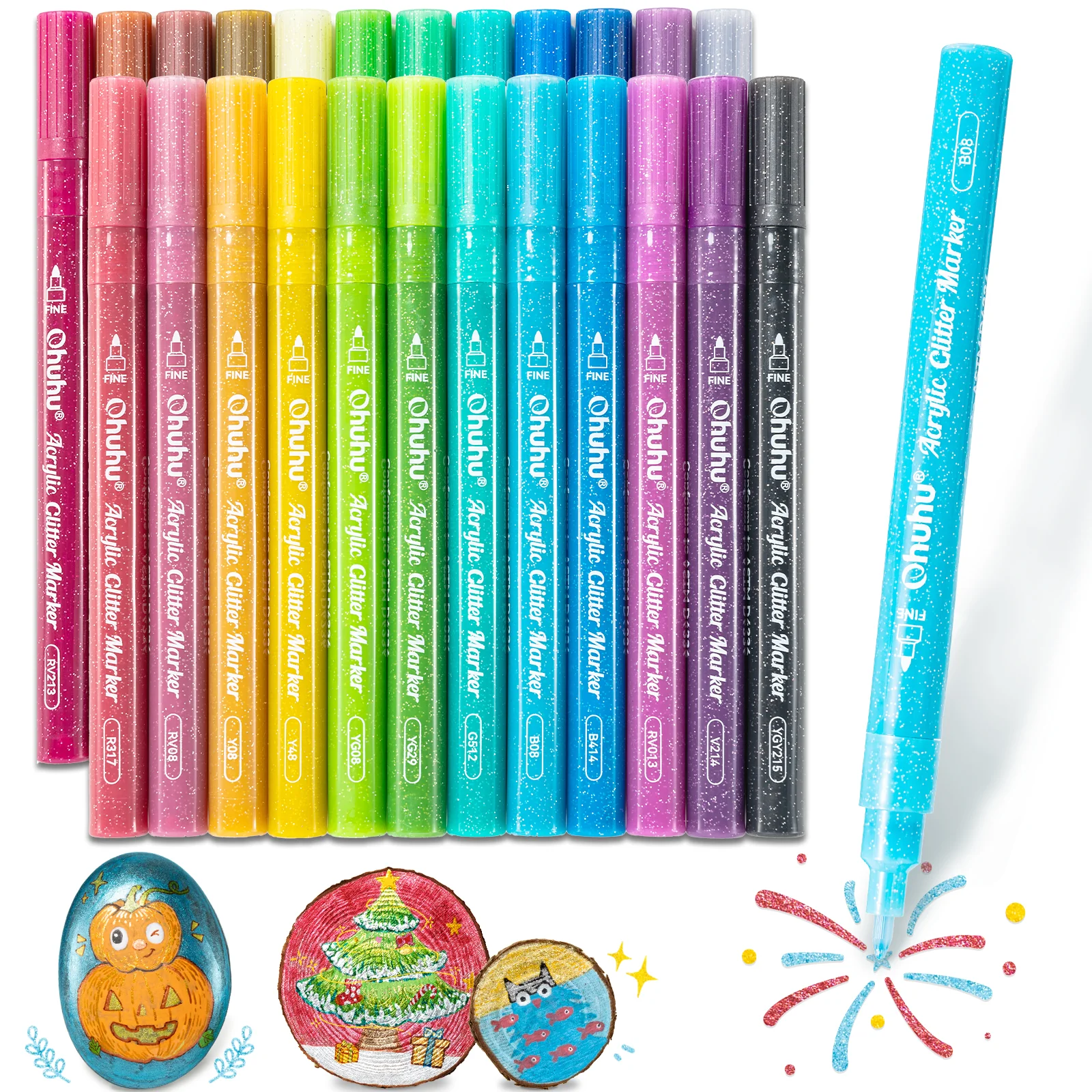 Ohuhu Acrylic Metallic Glitter Markers, 24 Colors - 0.7mm & 3mm Tip Paint Pens - Image 8
