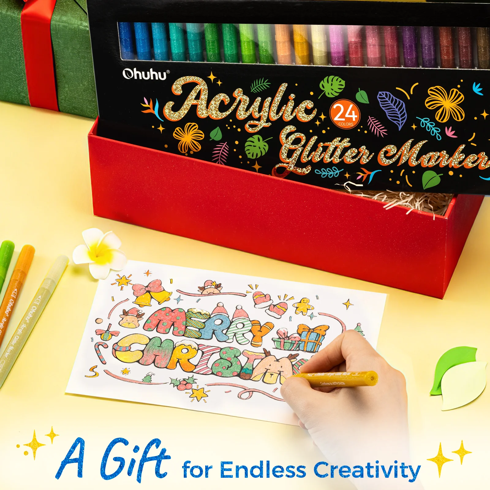 Ohuhu Acrylic Metallic Glitter Markers, 24 Colors - 0.7mm & 3mm Tip Paint Pens - Image 9